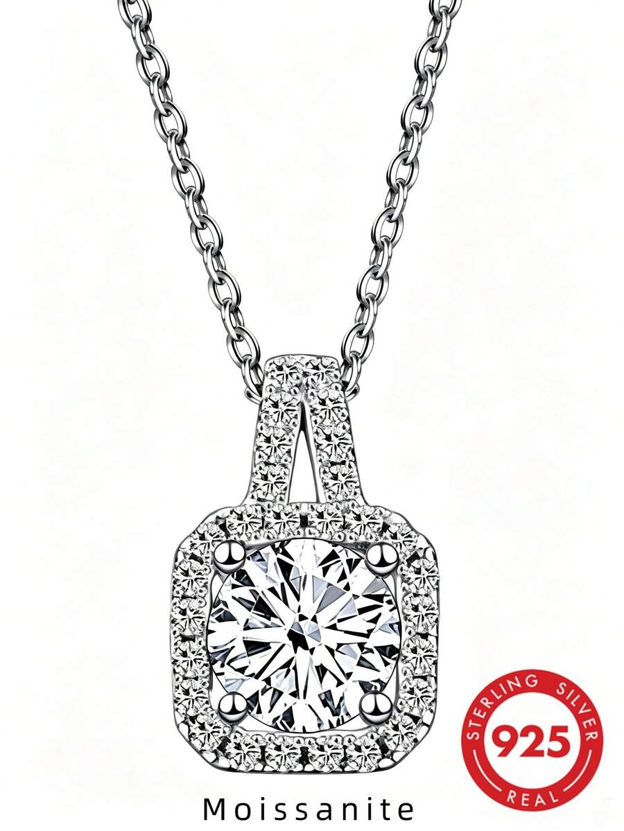 1 pieza Collar con colgante de plata de ley S925 para mujer, colgante de moissanita redonda de 1 quilate, joyería de boda y compromiso, accesorio de joyería adecuado para el uso diario de la mujer - Una pieza - Ver 1