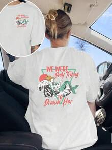 Front And Back: "We Were Only Trying To Drown Her," Mermaid Print T-Shirts, Casual Short-Sleeve Crew Neck Tops, Suitable For Summer And Spring - White - View 1