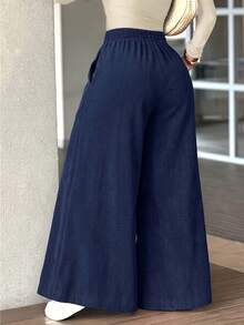 Women's Fashion Polyester Wide Leg Pants With Pockets, Long Corduroy Flare Pants, Suitable For Autumn Wear - Navy Blue - View 2