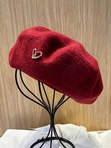 1pc/2pcs Women's Solid Color Wool Warm Beret, French Style Classic Rimless Beret, Suitable For Casual And Party Wear, Metal Heart Decoration, Candy Color Dopamine Style Autumn/Winter Hat - Heart Logo Beret - View 30
