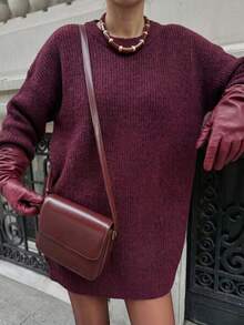 Daleeva Women's Solid Color Round Neck Drop Shoulder Long Sleeve Casual Sweater Fall - Burgundy - View 8