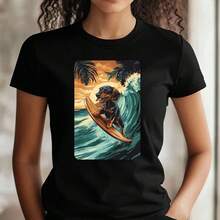 Unisex Damen-T-Shirt aus Baumwolle mit Dackel-Surf-Print. - Schwarz - Übersicht 1