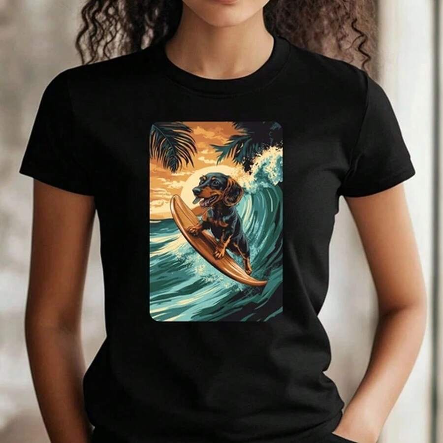 Unisex Damen-T-Shirt aus Baumwolle mit Dackel-Surf-Print. - Schwarz - Übersicht 1