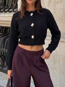 Fashionable Black Button Short Women's Sweater, Long Sleeve Knit Cardigan, Decorated With Exquisite Embellishments - Black - View 2