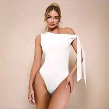 Women's Bodysuit With Tie Bow And Asymmetrical Neckline, Sleeveless, Ideal For Romantic Dates, Casual, Vacation And Summer - 白色 - 查看 10