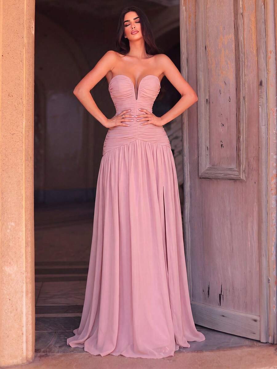 Elegant Women's Strapless Chiffon Maxi Dress With Slit And Pleated Details, Suitable For Formal Occasions And Evening Parties - Pink - View 1