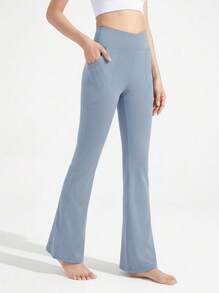 Never me Women's Sports Long Pants With Crossover Waist, Shaping Flared Leg, Seamless Wide Waistband, Hip-Flattering - Sky Blue - View 6