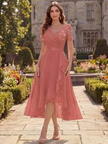 MIUSOL V-Neck Sequin Floral Lace Patchwork Chiffon Ruffle Hem Elegant Ball Party Midi Dress, Semi-Formal Evening Gown, Wedding Guest Dress Summer - Dusty Pink - View 3
