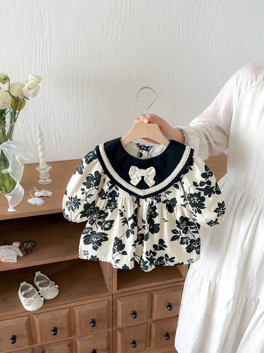Miniweenns 1pc Girls' Outdoor Casual All-Over Print Dress, Black Lace Pearl Collar Bowknot Stylish Dress, Spring/Autumn