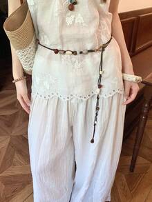 1pc Brown Polyester Vintage Beaded Woven Waist Rope For Women - Coffee - View 5