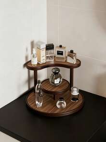 1pc Vintage Luxury Walnut Wood Cosmetic & Perfume Display Stand, Dark Brown Rounded Design, Multi-Layer Storage, Polished Frame, Multi-Functional Makeup Organizer, Perfume Rack, Bathroom Bedroom Desktop Storage Rack, New Home Decor, Gift For Best Friend - Coffee Brown - View 3