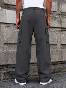 Men's Minimalist Loose Long Solid Color Cargo Pants, Suitable For Autumn, Street Style Cargo Pants, Personalized Multi-Pocket Practical Lumberjack Pants, Wide Leg Pants - Grey - View 5