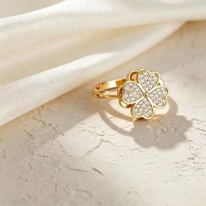 1pc Copper Zirconia Heart-Shaped Four-Leaf Clover Rotating Open Ring, Elegant Luxury Elegant Jewelry, Suitable For Women's Daily Wear, Christmas Holiday Gift