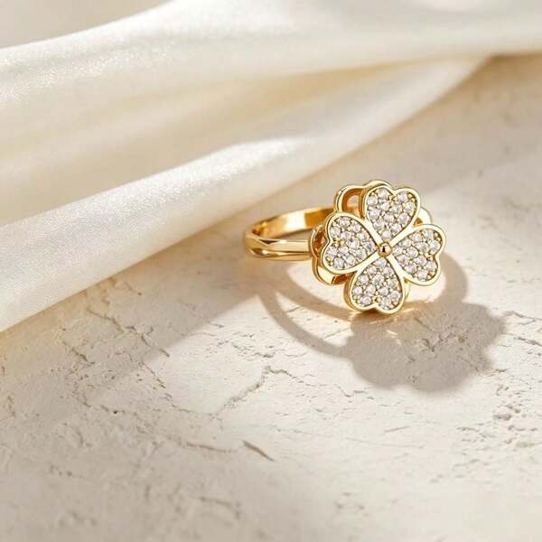 1 buah Cincin Terbuka Berputar Berbentuk Hati dengan Batu Zirkonia Tembaga dan Daun Semanggi Empat Kelopak, Perhiasan Mewah dan Elegan, Cocok untuk Pemakaian Sehari-hari Wanita, Hadiah Natal dan Liburan