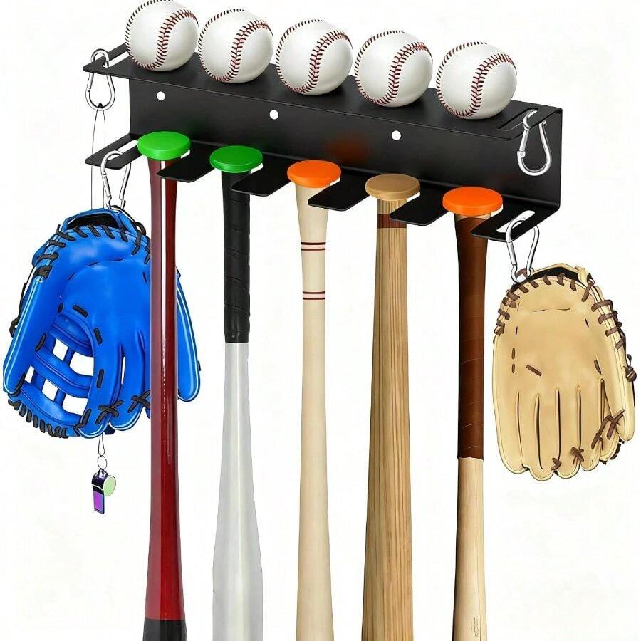 Wall Mount Baseball Bat Holder Heavy Duty Metal Bat Rack 5 Bats Baseballs, Dugout Fence Organizer, Sports Equipment Storage Hanger Home Garage Basement - Black - Multicolor - View 1