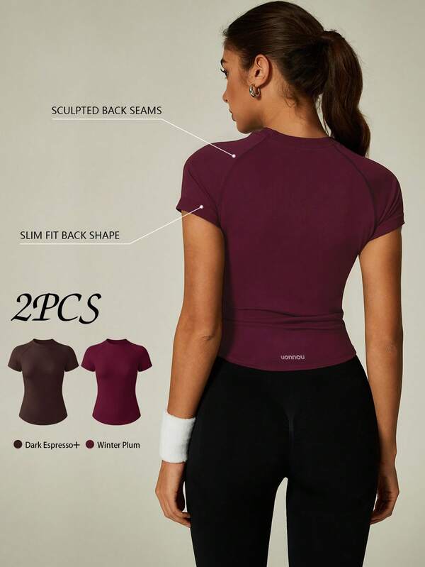 UONNOU 2pcs Women's Sports Shaping T-Shirt, Solid Color Crew Neck Short Sleeve, Seamless, Waist-Cinching Shoulder-Opening Tight Fit, Cycling Fitness Casual Sports Outfit
