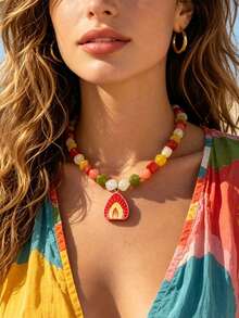 Sweet And Cool Style Colorful Dopamine Peach Pendant Necklace For Women - Personalized Beaded Earrings For The Neckline Chain - Multicolor - View 1