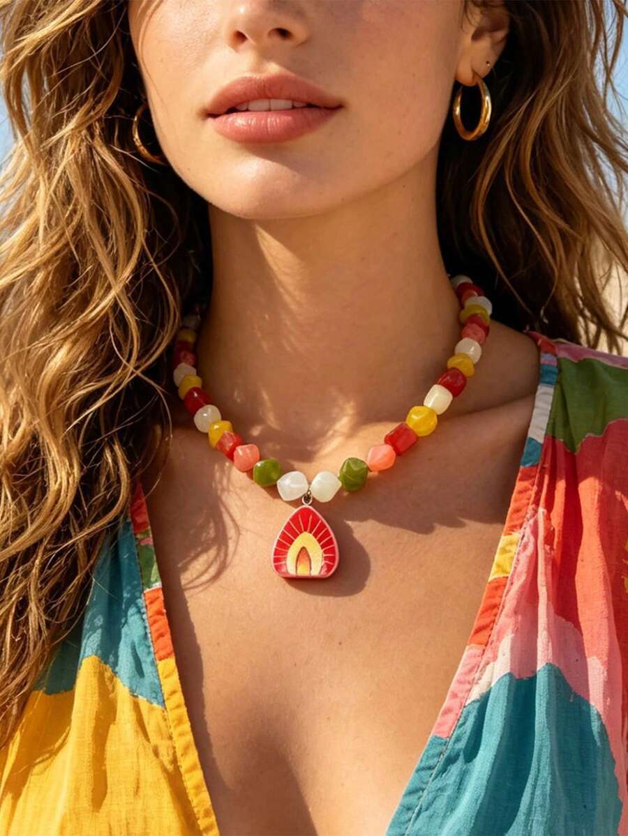 Sweet And Cool Style Colorful Dopamine Peach Pendant Necklace For Women - Personalized Beaded Earrings For The Neckline Chain - Multicolor - View 1