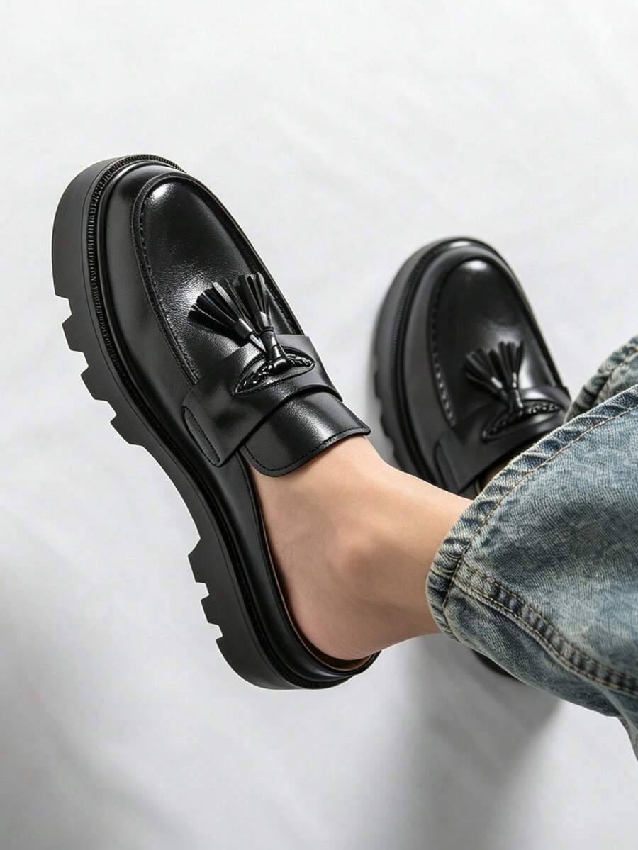 Black Tassel Loafer Mule Half-Slip-On Men's Backless Slip-On Shoes With Thick Serrated Platform Sole, Invisible Height Increase, British Street Style Spring/Summer Commute Versatile Slouchy Outdoor Sandals - Black - View 1