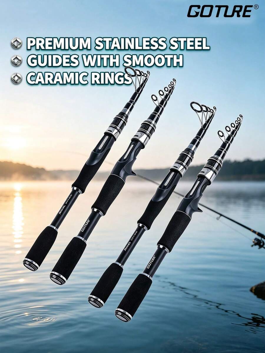 GOTURE 1pc Surf Spinning/Casting Fishing Rod - Graphite Fishing Rod, Telescopic Portable Carbon Fiber Travel Surf Rod, Suitable For Bass, Trout, Pike, Bluegill - Black - View 1