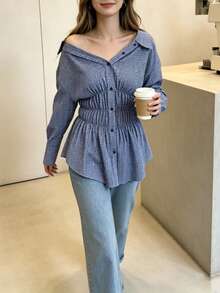 Women's Elegant Commute Street Casual Plaid Checkered Shirt Blouse, Elastic Waist Gathered Design, Shirt Collar Front Button Placket, Long Sleeve, Perfect For Spring And Autumn Outfits And Daily Casual Workplace Commute Wear - Blue - View 6