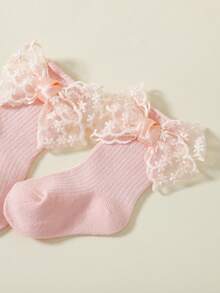 1 Set Spring/Autumn Multi-Color Baby Sweet Cute Lace Bow Boat Socks + Bow Headband, Suitable For Baby Full Month, First Birthday, Special Occasions - Pink - View 2