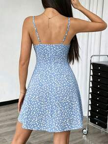 Summer Sleeveless V-Neck Spaghetti Strap Dress, French Ditsy Floral Casual Wear Cute Minimalist Vacation Beach Sexy Cool A-Line Mini Dress Elegant - Blue - View 3