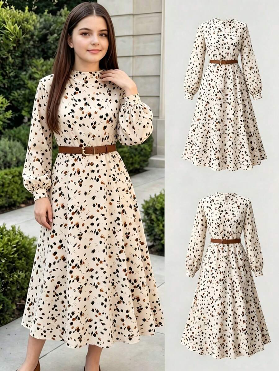 Big Girls' Stand Collar Dress With Elastic Cuffed Lantern Sleeves And Detachable Leather Belt, Breathable Fashion Set - Multicolor - View 1