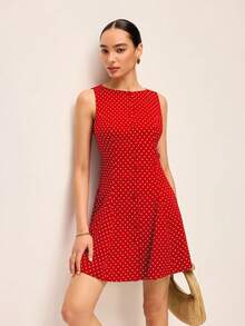 Cute Sleeveless Round Neck Short A-Line Dress, Red Polka Dot Knitted Fabric For Women Elegant Vacation Summer - Red - View 3