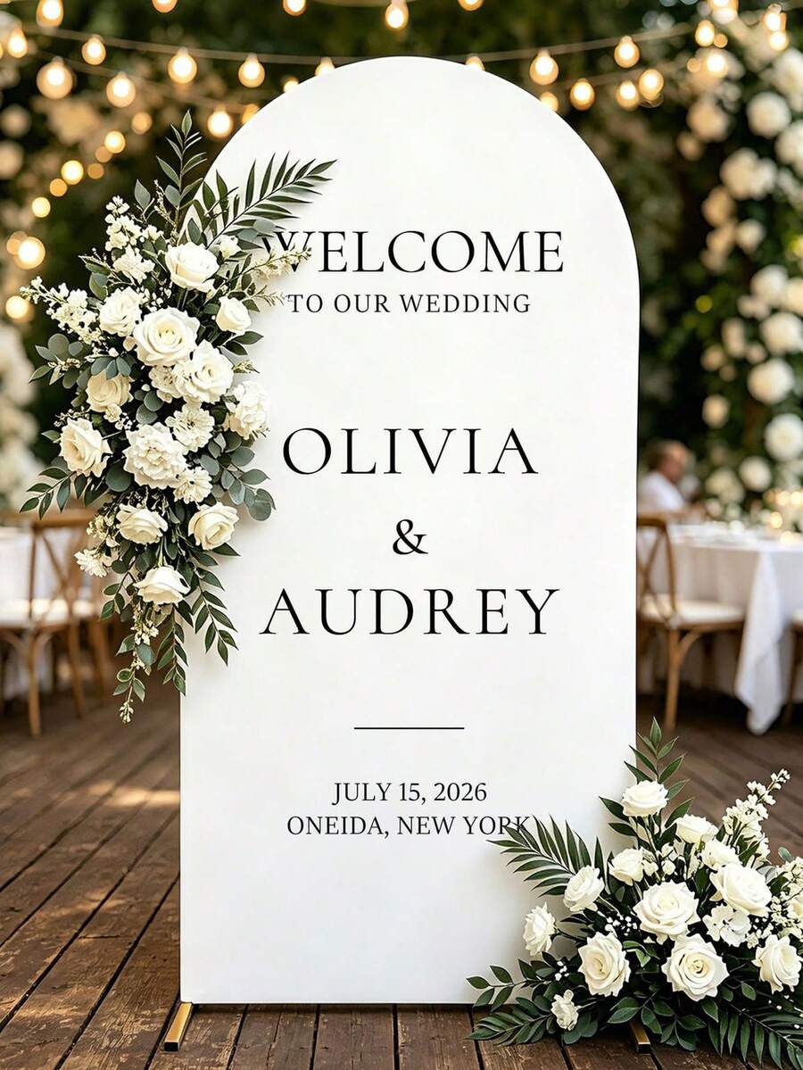 Customized Wedding Arch Fabric Decor Cover, Personalized Photo/Name/Date/Text, Polyester Double-Sided Elastic Backdrop, Party Decoration, Wedding Welcome Sign, Bridal Gift, No Power Required, Suitable For Wedding, Birthday, Party - Multicolor - View 1