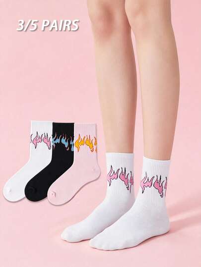 3/5 Pairs Women's Flame Pattern Mid-Calf Socks, High Elasticity Daily American Street Style Hip-Hop Versatile Mid-Calf Socks