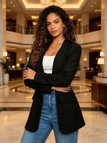 Women's Elegant Lapel Striped Casual Jacket - 黑色 - 查看 5