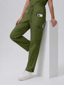 Pantalones de mujer/enfermería, pantalones cómodos, pantalones de unicolor simple con múltiples bolsillos - Verde militar - Ver 8