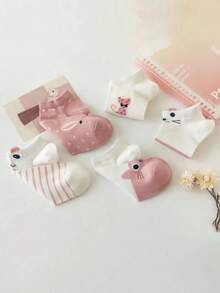 5/10 Pairs Women Cute 3D Cat Ear Design Short Socks, Japanese Style - Pink - View 4