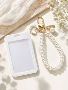 1 Macaron ABS Solid Color Push-Pull Card Holder With Pearl Chain And Pearl Shell Pendant. Student Wristband Card Holder, Student Wristband Women's Card Holder, ID Bus Protective Cover, Student Campus Card Protective Cover - A - View 9