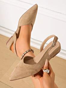 Sepatu hak wedges platform wanita, sepatu komuter berujung runcing dengan bagian belakang berongga, sepatu pesta malam dengan tali gesper, sepatu kerja formal. - Khaki - View 1
