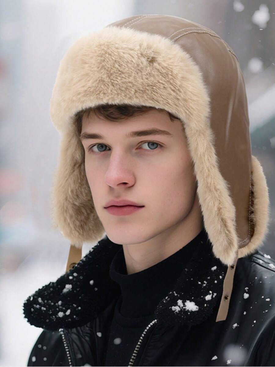 Maillard Vintage Aviator Motorcycle Trapper Hat, Unisex Winter Thickened Thermal Lined Warm Ear Protection Windproof Leather Winter Hat - B - View 1