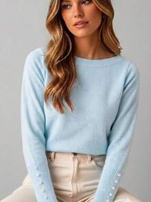 Basic Knit Sweater Blouse With Pearl Detail, Polyester, Pearls, Nightwear - Blue - View 1