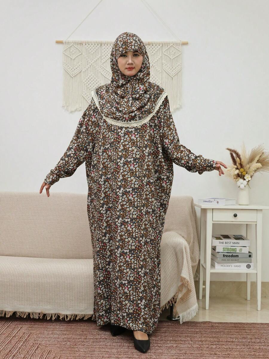 Floral Print Woven Fabric Long Abaya Dress, Round Neck, Regular Long Sleeve, Decorated With Applique Details, Loose Bohemian Style - Brown - View 1