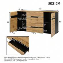 Aparador de salón 160*40*80 cm, aparador bajo con 2 puertas y 4 cajones, aparador de comedor, amplios compartimentos sin tirador, mueble auxiliar para sofá, color madera + negro - Color natural - Ver 5