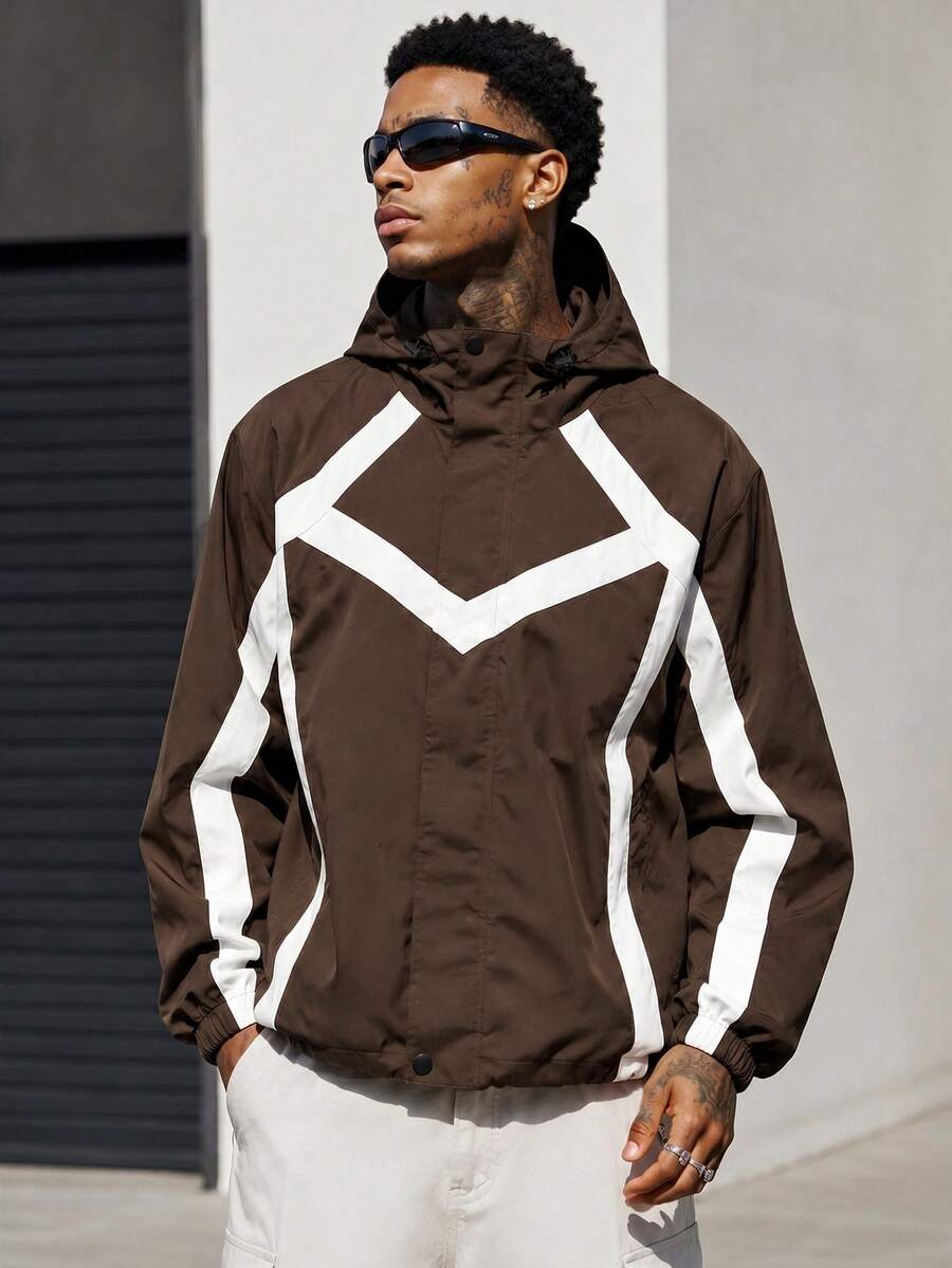 Functional Brown & White Stripe Patchwork Hooded Sports Jacket, Loose Casual Versatile Outdoor Coat - Brown - View 1