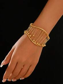 1pc Fashion Minimalist Handmade Wire-Wrapped Hollow Mesh Gold Bead Woven Wide Open Cuff Bracelet For Women, Suitable For Daily Wear (Gold Beads Are Movable) - 金色-B1556 - 查看 2