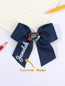 1/2pcs Customized Back To School Women Girls Bow Hair Clips, Personalized Name, Apple ABC Pencil Blackboard Elements, White Yellow Navy Blue - Multicolor - View 5