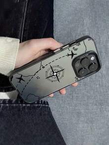 1件極簡中性灰指南針與飛機航線印花 全覆蓋鏡頭保護 TPU 硬邊手機殼，適用 17 16 15 14 13 12 11 Pro Max，商務通勤風，熱門旅行美學設計 - 彩色 - 查看 5