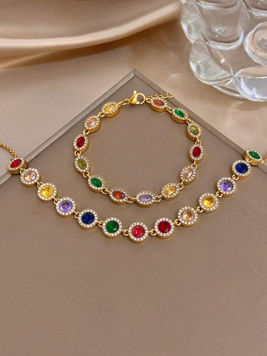 Women's Elegant Luxury Colorful Zirconia Chain Necklace & Bracelet Set, Stainless Steel Gold Chain Necklace, Party Birthday Christmas Jewelry Gift - Multi-color 2 - View 1