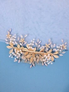 1件優雅手工珍珠花朵髮梳，鮮紅水晶飾品，適用於新娘婚禮、派對、生日、公主頭飾 - 藍色 - 查看 6