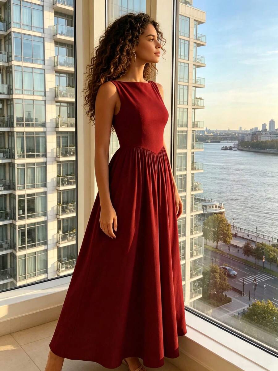 MODA MO, REF: H978 Women's Dress, Long Dress, Sleeveless, Round Neckline, High Waist, Open Back, Dress With Zipper, Slim Fit, A-Line Dress, Elegant, Modern, Lightweight, Comfortable, Versatile, Refined Look, Casual Chic Dress, Dress For Events, Sophisticated Look, Summer Dress, Quality Finish, Feminine Style. - 酒紅色 - 查看 1