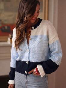 Cardigan Rajut Bergaris Warna Kontras, Kerah Bulat Kancing Tunggal, Manset Berkerut, Lengan Panjang, Jaket Kasual Longgar, Atasan Serbaguna Wanita untuk Musim Gugur/Dingin - MultiWarna - View 5