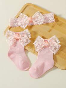 1 Set Spring/Autumn Multi-Color Baby Sweet Cute Lace Bow Boat Socks + Bow Headband, Suitable For Baby Full Month, First Birthday, Special Occasions - Pink - View 1