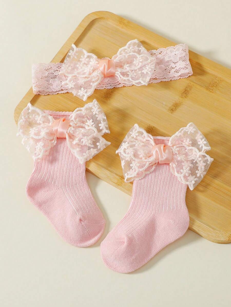 1 Set Spring/Autumn Multi-Color Baby Sweet Cute Lace Bow Boat Socks + Bow Headband, Suitable For Baby Full Month, First Birthday, Special Occasions - Pink - View 1